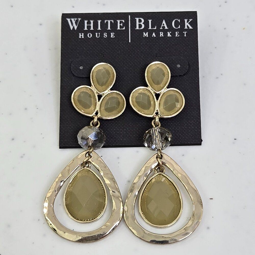 White House Black Market Earrings Drop Tan Gold Tone Rhinestone Teardrop Boho